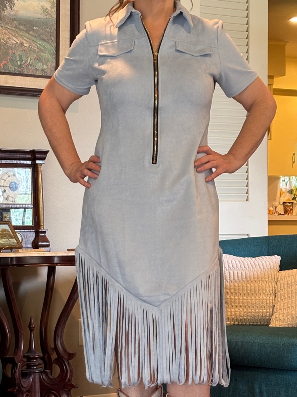 Light Blue Faux Suede Fringe Short-Sleeve Dress with Front Zip